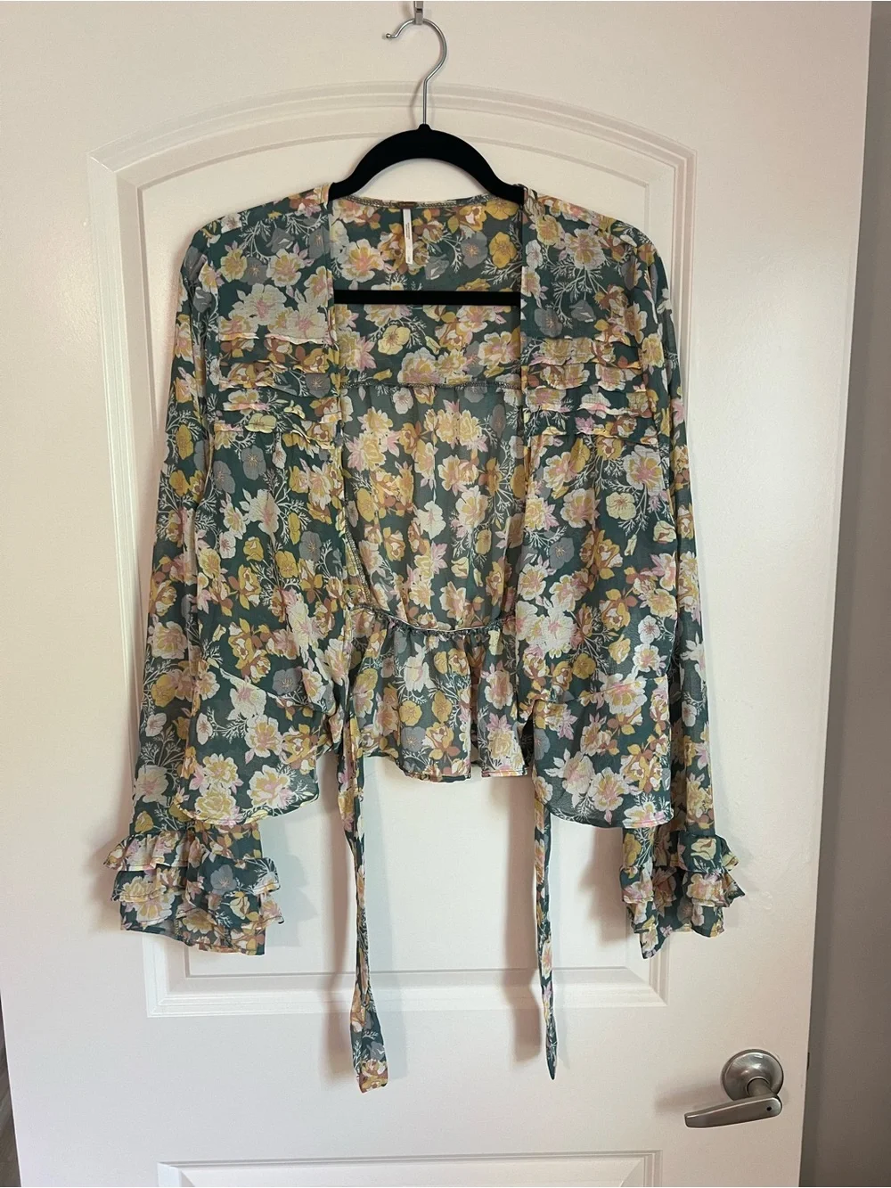 Free People Green Floral Tie-Front Blouse